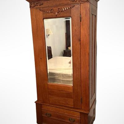 Antique Oak Armoire with Beveled Mirror and Lower Drawer