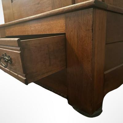 Antique Oak Armoire with Beveled Mirror and Lower Drawer