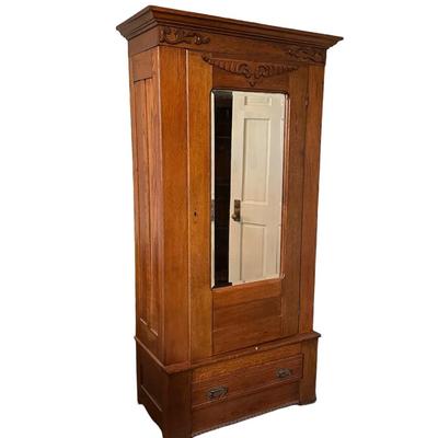 Antique Oak Armoire with Beveled Mirror and Lower Drawer