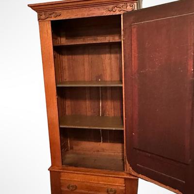 Antique Oak Armoire with Beveled Mirror and Lower Drawer