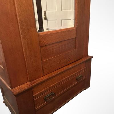 Antique Oak Armoire with Beveled Mirror and Lower Drawer
