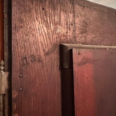 Antique Oak Armoire with Beveled Mirror and Lower Drawer