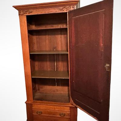Antique Oak Armoire with Beveled Mirror and Lower Drawer