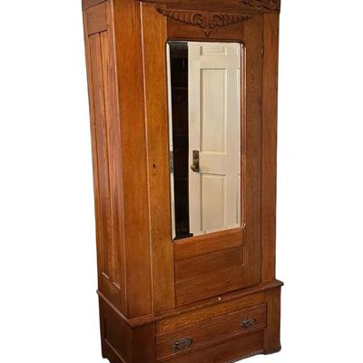 Antique Oak Armoire with Beveled Mirror and Lower Drawer