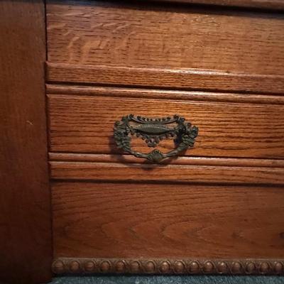 Antique Oak Armoire with Beveled Mirror and Lower Drawer
