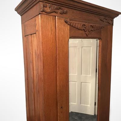 Antique Oak Armoire with Beveled Mirror and Lower Drawer