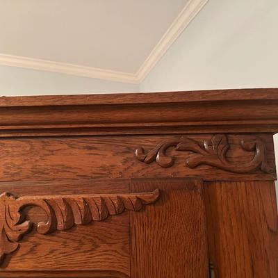 Antique Oak Armoire with Beveled Mirror and Lower Drawer