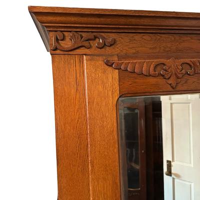 Antique Oak Armoire with Beveled Mirror and Lower Drawer