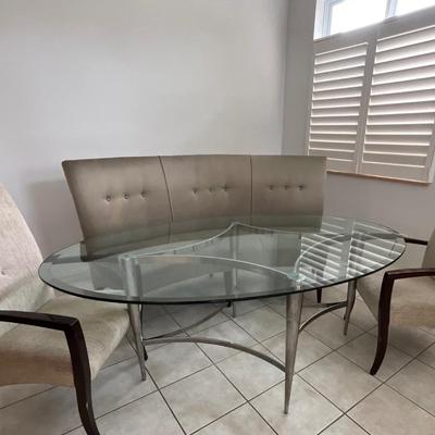 Glass Top Table with cloth chairs and bench