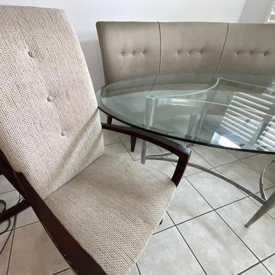 Glass Top Table with cloth chairs and bench