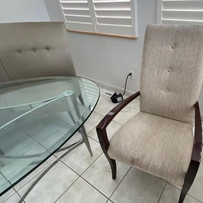Glass Top Table with cloth chairs and bench