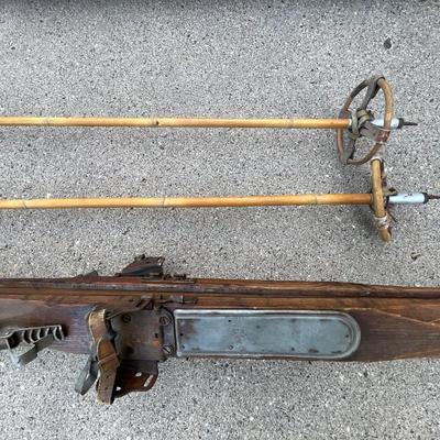 Vintage Wood Skis and Vintage Bamboo Ski Poles