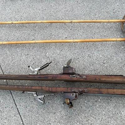 Vintage Wood Skis and Vintage Bamboo Ski Poles