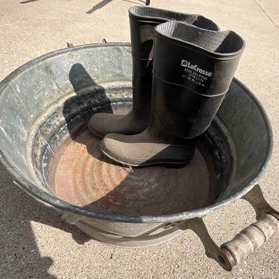 Vintage Galvanized Wash Tub and LaCrosse Rubber Boots size 10