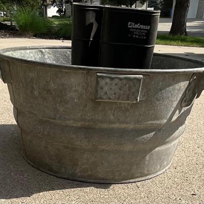 Vintage Galvanized Wash Tub and LaCrosse Rubber Boots size 10