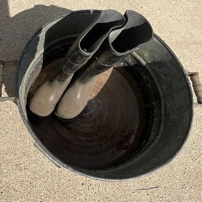 Vintage Galvanized Wash Tub and LaCrosse Rubber Boots size 10