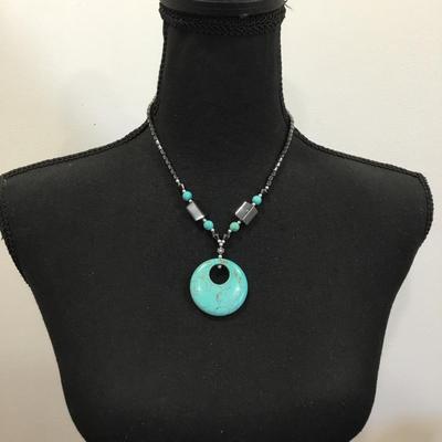Cute boHo southwest style black hematite and faux turquoise stone necklace