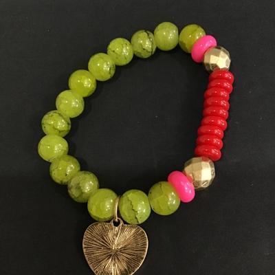 Unique beaded stretch bracelet with heart charm