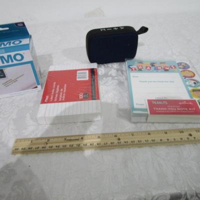 Sale Photo Thumbnail #203: New Snoopy Thank You notes, new pkg index cards, Dymo labels, wood ruler, small portable blue tooth speaker (tested & works well)