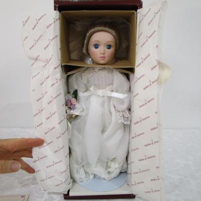 Sale Photo Thumbnail #375: New in box, porcelain doll includes stand, 13" tall