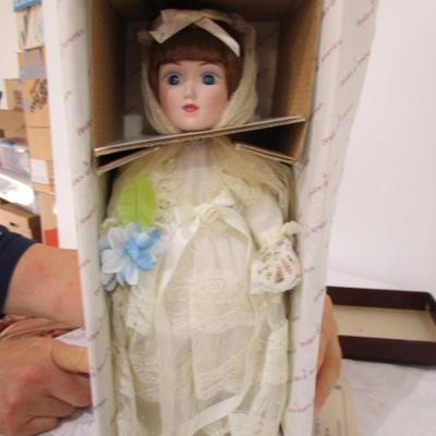 Sale Photo Thumbnail #379: New in box, porcelain doll includes stand, 13" tall