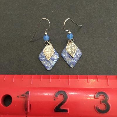 Cute marbled, light and blue enamel , diamond shaped dangle earrings