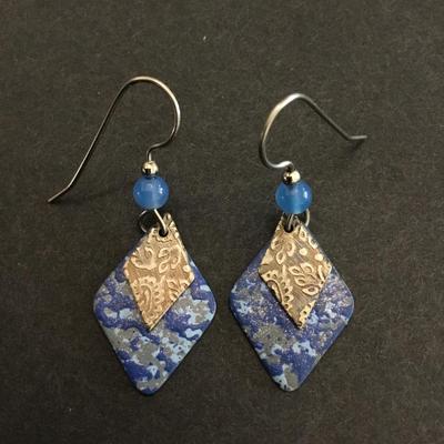 Cute marbled, light and blue enamel , diamond shaped dangle earrings