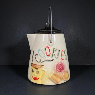 LOT 258: Vintage McCoy Tea / Coffee Pot Cookie Jar with Wire Handle