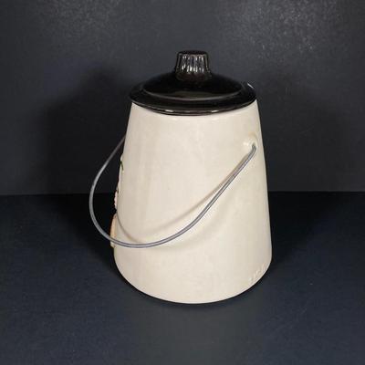 LOT 258: Vintage McCoy Tea / Coffee Pot Cookie Jar with Wire Handle
