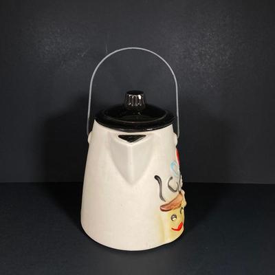 LOT 258: Vintage McCoy Tea / Coffee Pot Cookie Jar with Wire Handle