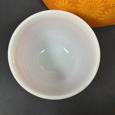 LOT 273: Pyrex Mixing Bowls: Pink Candy Stripe, New Dots (Orange), New Dots (Yellow), Daisey Cinderella