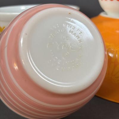 LOT 273: Pyrex Mixing Bowls: Pink Candy Stripe, New Dots (Orange), New Dots (Yellow), Daisey Cinderella