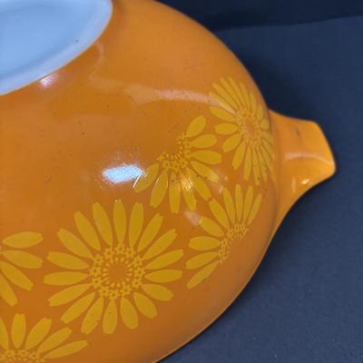 LOT 273: Pyrex Mixing Bowls: Pink Candy Stripe, New Dots (Orange), New Dots (Yellow), Daisey Cinderella