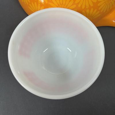LOT 273: Pyrex Mixing Bowls: Pink Candy Stripe, New Dots (Orange), New Dots (Yellow), Daisey Cinderella