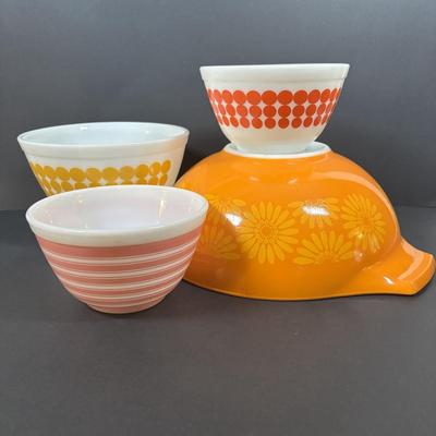 LOT 273: Pyrex Mixing Bowls: Pink Candy Stripe, New Dots (Orange), New Dots (Yellow), Daisey Cinderella
