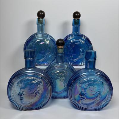 LOT 278: Collection of 5 Carnival Blue Wheaton Inc. John F Kennedy Commemorative First Editon Decanters