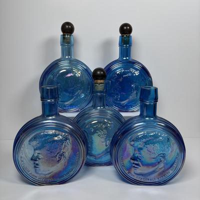 LOT 278: Collection of 5 Carnival Blue Wheaton Inc. John F Kennedy Commemorative First Editon Decanters