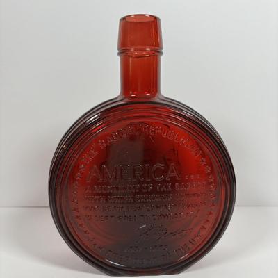 LOT 279: Vintage Wheaton Decanters/Bottles including a "Religious" Plate w/Iridescent Finish, George Washington Salt/Pepper...