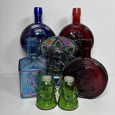 LOT 279: Vintage Wheaton Decanters/Bottles including a "Religious" Plate w/Iridescent Finish, George Washington Salt/Pepper...