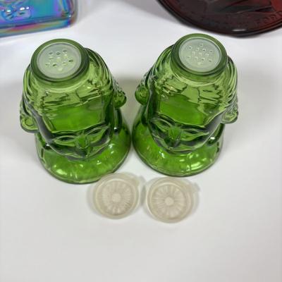 LOT 279: Vintage Wheaton Decanters/Bottles including a "Religious" Plate w/Iridescent Finish, George Washington Salt/Pepper...