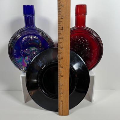LOT 279: Vintage Wheaton Decanters/Bottles including a "Religious" Plate w/Iridescent Finish, George Washington Salt/Pepper...