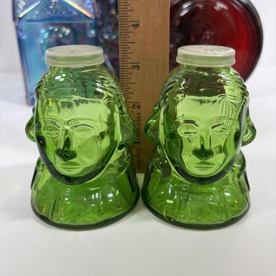 LOT 279: Vintage Wheaton Decanters/Bottles including a "Religious" Plate w/Iridescent Finish, George Washington Salt/Pepper...