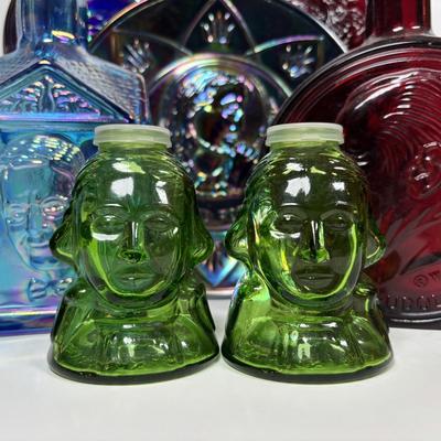 LOT 279: Vintage Wheaton Decanters/Bottles including a "Religious" Plate w/Iridescent Finish, George Washington Salt/Pepper...