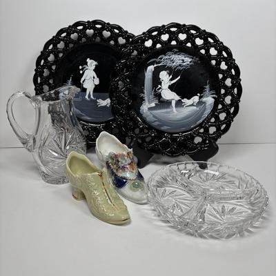 LOT 280: Westmoreland Hand Painted by Artist Mary Gregory L. Plues 1973 Black Glass Lattice Plates, Brillant Cut Crystal Pitcher &...