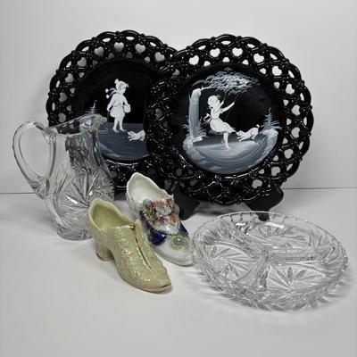LOT 280: Westmoreland Hand Painted by Artist Mary Gregory L. Plues 1973 Black Glass Lattice Plates, Brillant Cut Crystal Pitcher &...