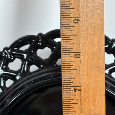 LOT 280: Westmoreland Hand Painted by Artist Mary Gregory L. Plues 1973 Black Glass Lattice Plates, Brillant Cut Crystal Pitcher &...