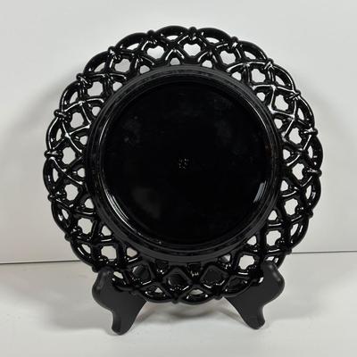 LOT 280: Westmoreland Hand Painted by Artist Mary Gregory L. Plues 1973 Black Glass Lattice Plates, Brillant Cut Crystal Pitcher &...