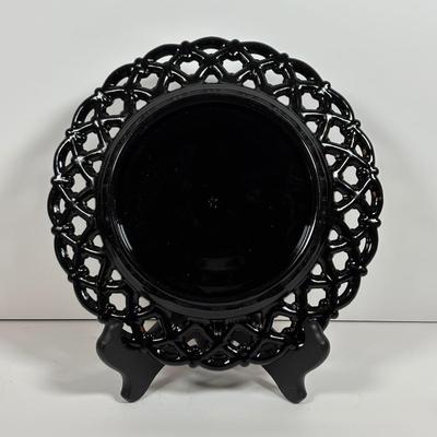 LOT 280: Westmoreland Hand Painted by Artist Mary Gregory L. Plues 1973 Black Glass Lattice Plates, Brillant Cut Crystal Pitcher &...