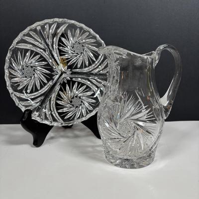 LOT 280: Westmoreland Hand Painted by Artist Mary Gregory L. Plues 1973 Black Glass Lattice Plates, Brillant Cut Crystal Pitcher &...