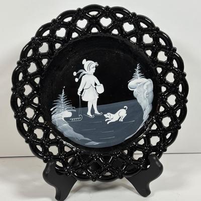 LOT 280: Westmoreland Hand Painted by Artist Mary Gregory L. Plues 1973 Black Glass Lattice Plates, Brillant Cut Crystal Pitcher &...